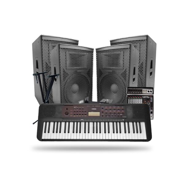Yamaha PSR-E273 Portable Keyboard Piano with DF005 Stand, Soundking KB15A 15'' Speaker, 4-Channel Mixer & Wall Mount Stand | Complete Church Kit
